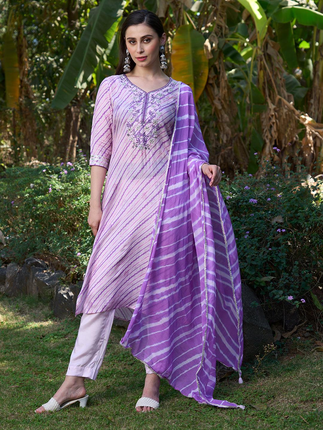 Ethnic Hand Embroidered Straight Kurta with Pants & Dupatta - Pastel Pink - Indiakreations