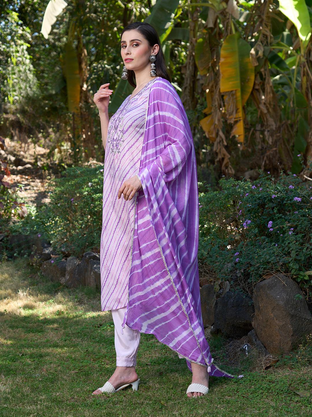 Ethnic Hand Embroidered Straight Kurta with Pants & Dupatta - Pastel Pink - Indiakreations