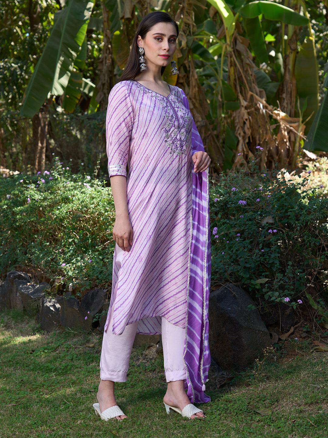 Ethnic Hand Embroidered Straight Kurta with Pants & Dupatta - Pastel Pink - Indiakreations