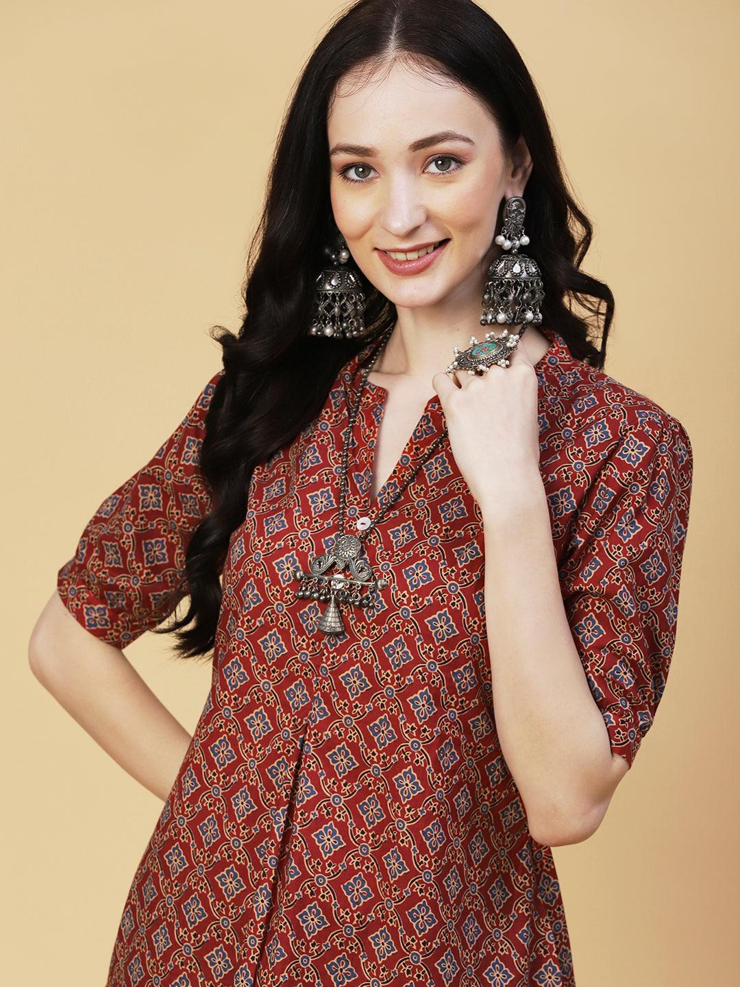 Ethnic Block Printed Mother-of-Pearl Buttoned Short Kurti - Rust - Indiakreations