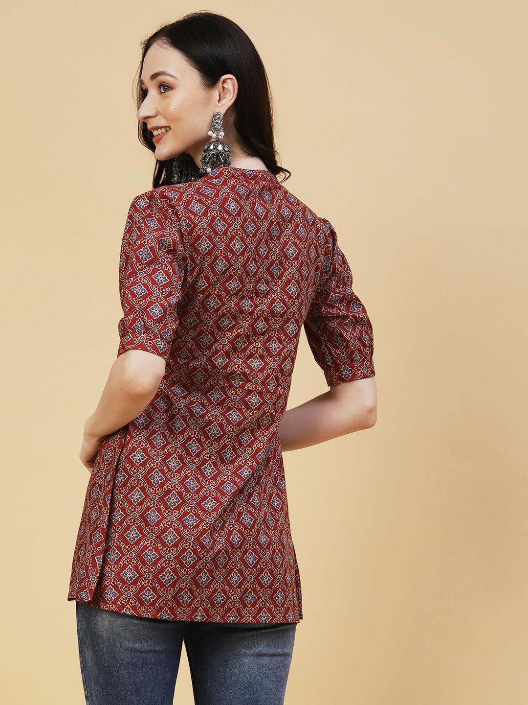 Ethnic Block Printed Mother-of-Pearl Buttoned Short Kurti - Rust - Indiakreations