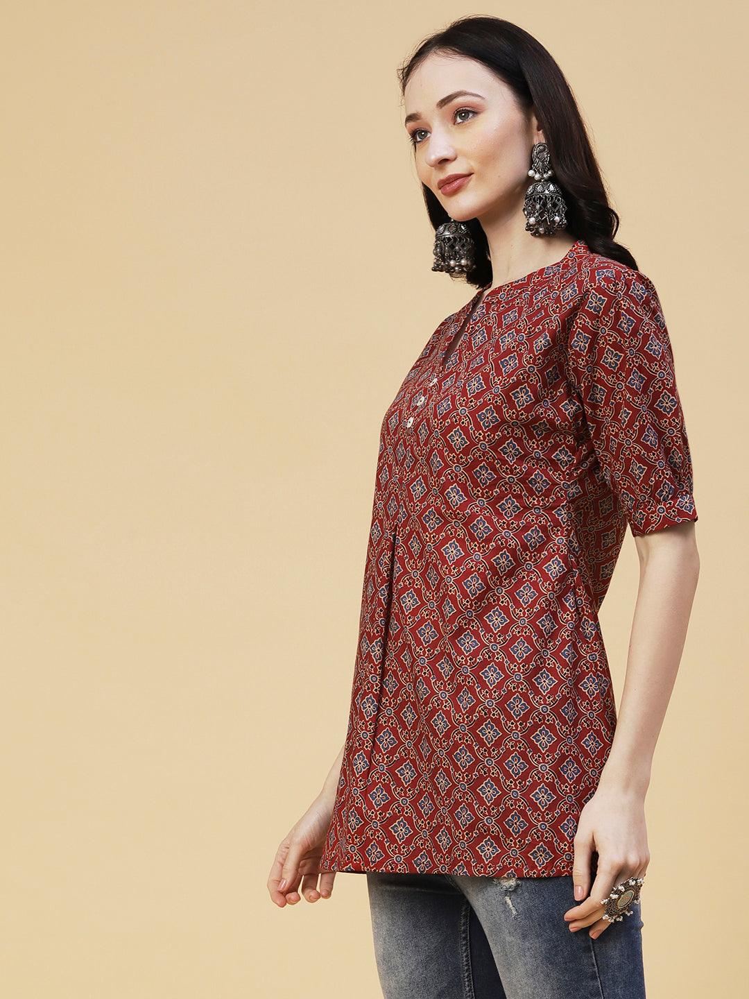 Ethnic Block Printed Mother-of-Pearl Buttoned Short Kurti - Rust - Indiakreations