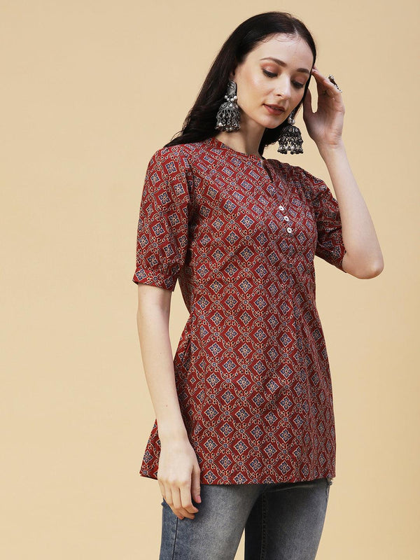 Ethnic Block Printed Mother-of-Pearl Buttoned Short Kurti - Rust - Indiakreations