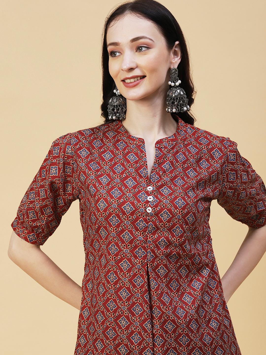 Ethnic Block Printed Mother-of-Pearl Buttoned Short Kurti - Rust - Indiakreations