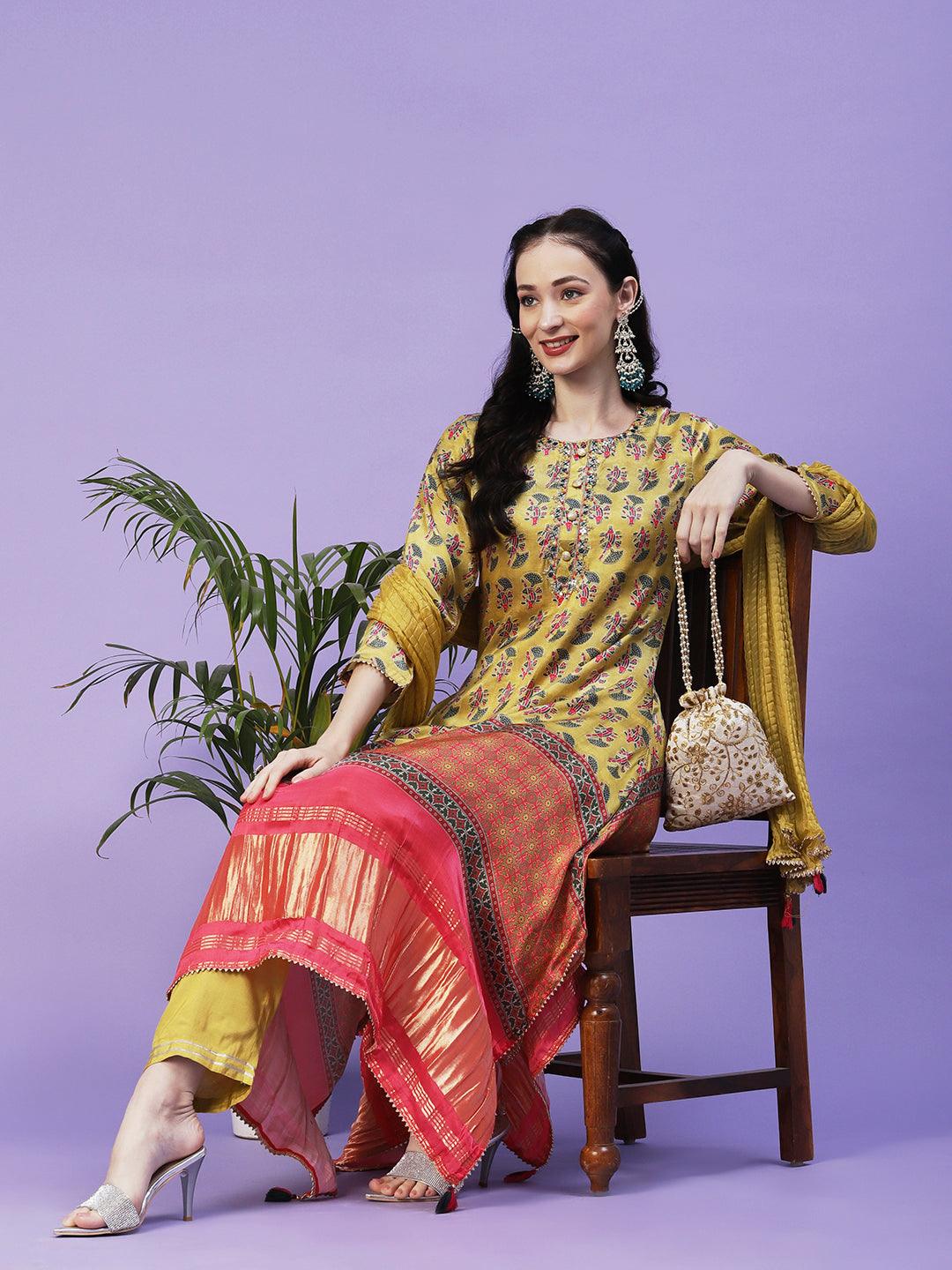 Abstract Printed Mirror Embroidered Angular Hemline Kurta With Pants & Crushed Dupatta - Yellow - Indiakreations