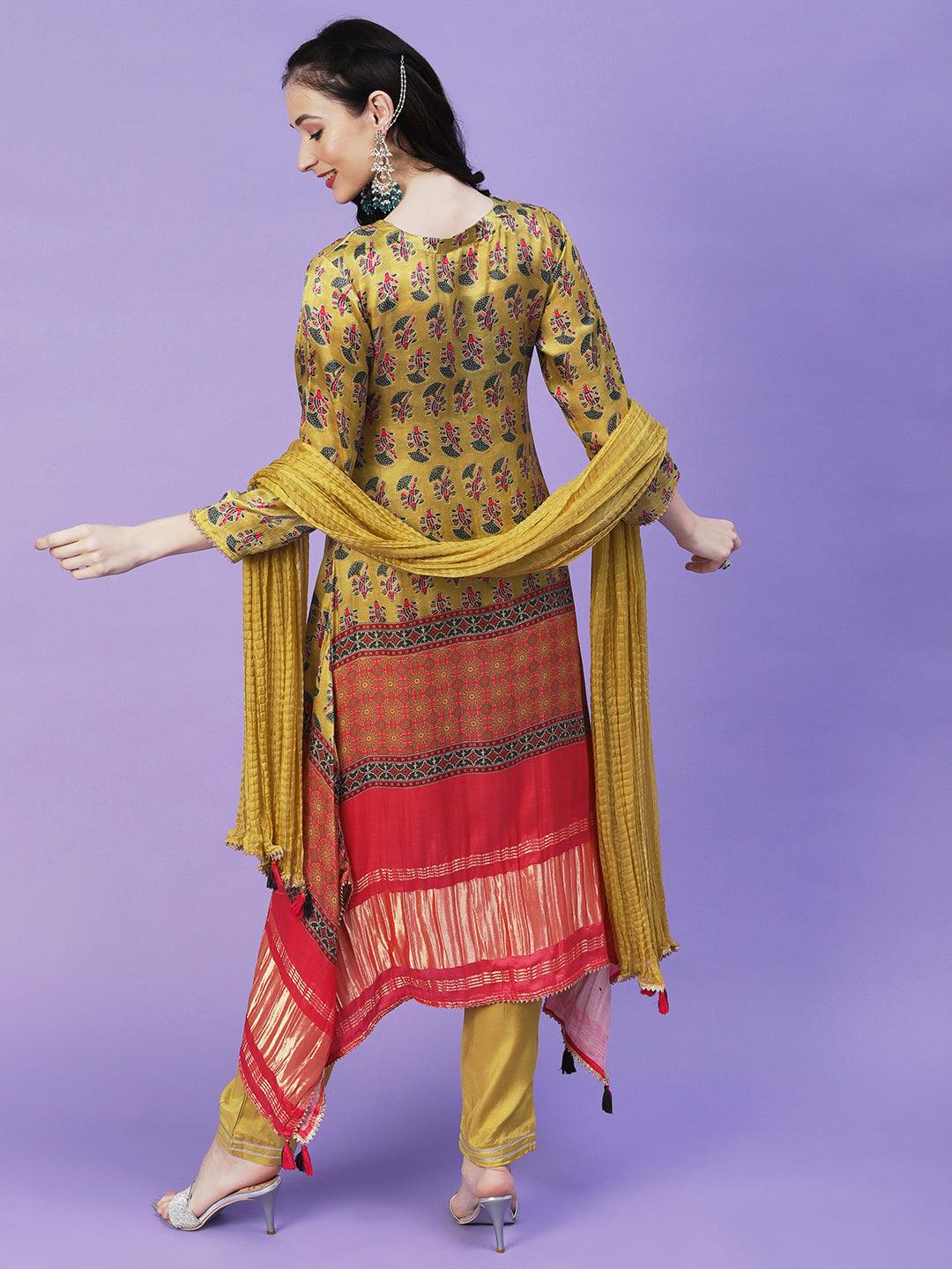 Abstract Printed Mirror Embroidered Angular Hemline Kurta With Pants & Crushed Dupatta - Yellow - Indiakreations