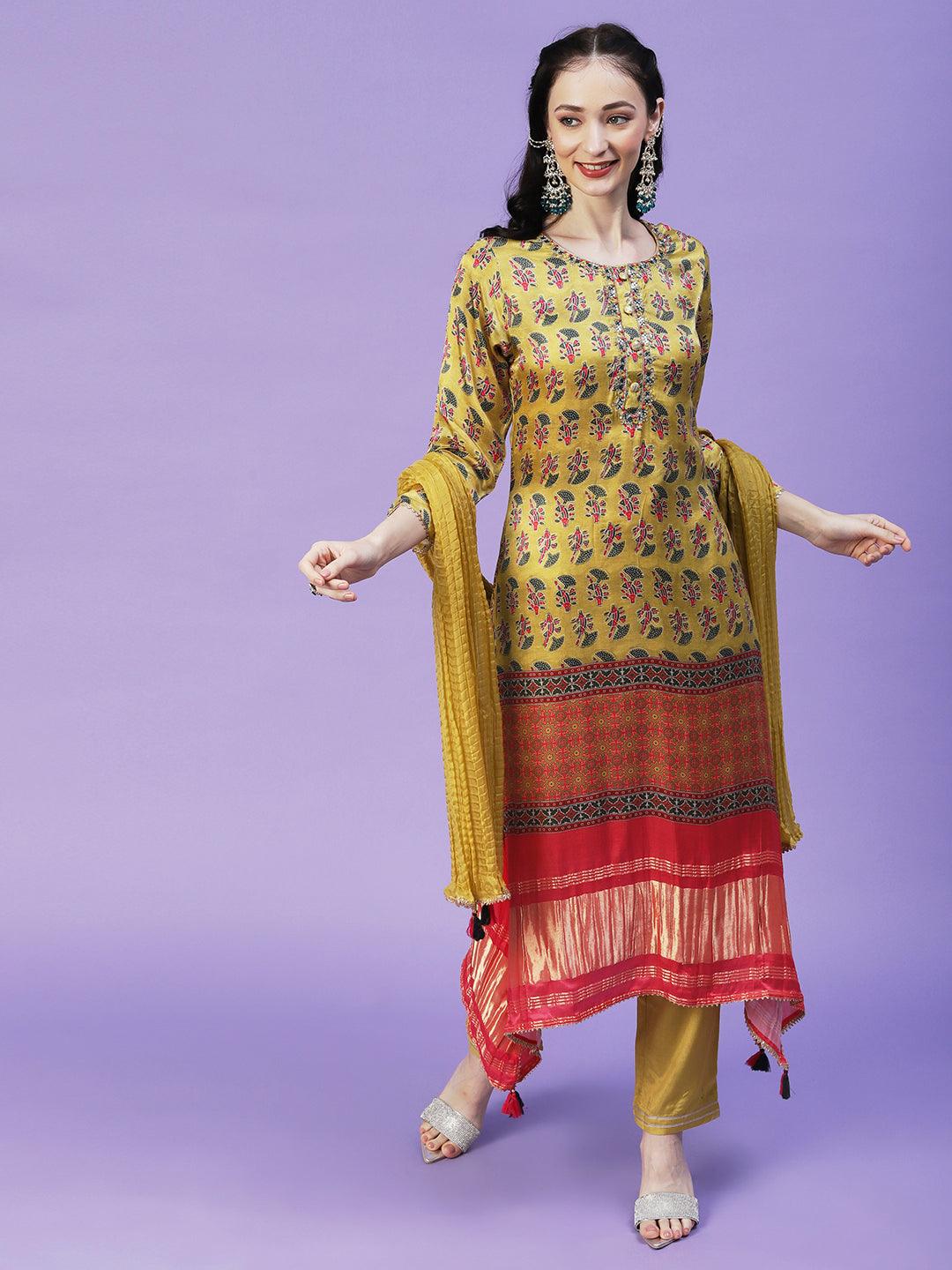 Abstract Printed Mirror Embroidered Angular Hemline Kurta With Pants & Crushed Dupatta - Yellow - Indiakreations