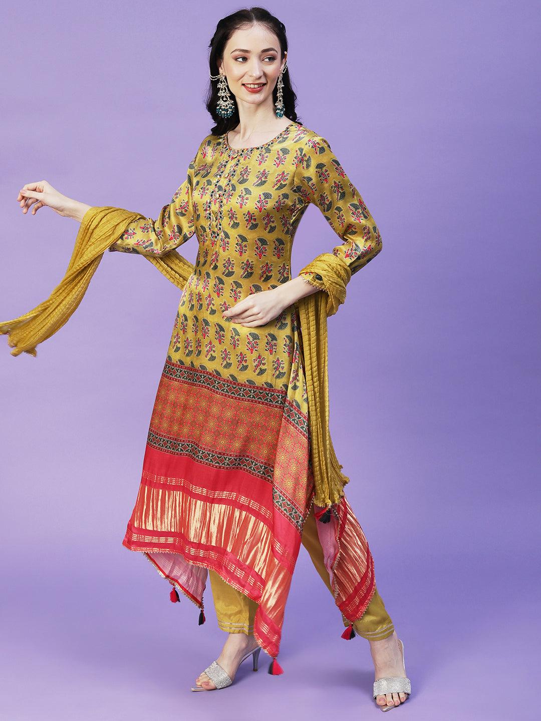 Abstract Printed Mirror Embroidered Angular Hemline Kurta With Pants & Crushed Dupatta - Yellow - Indiakreations