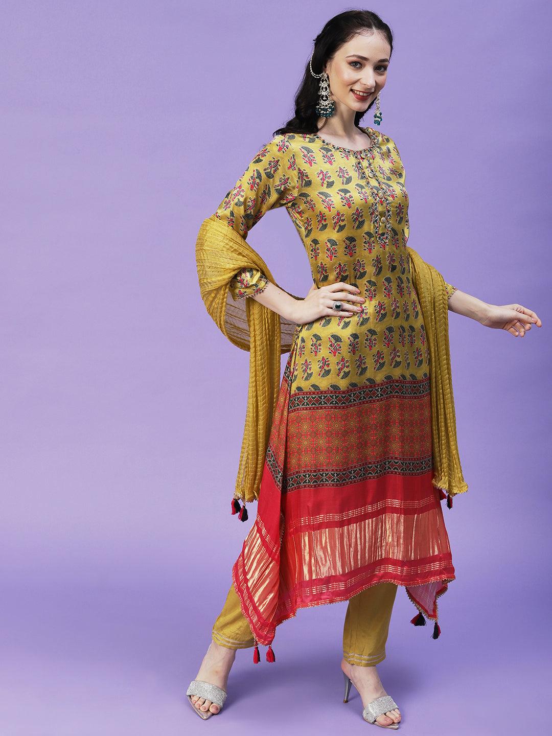 Abstract Printed Mirror Embroidered Angular Hemline Kurta With Pants & Crushed Dupatta - Yellow - Indiakreations