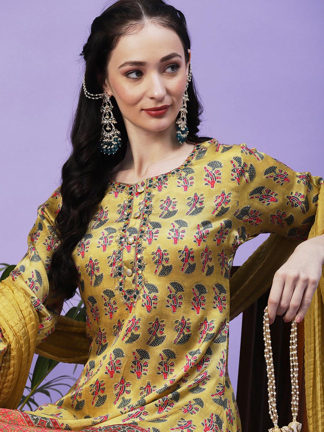 Abstract Printed Mirror Embroidered Angular Hemline Kurta With Pants & Crushed Dupatta - Yellow - Indiakreations