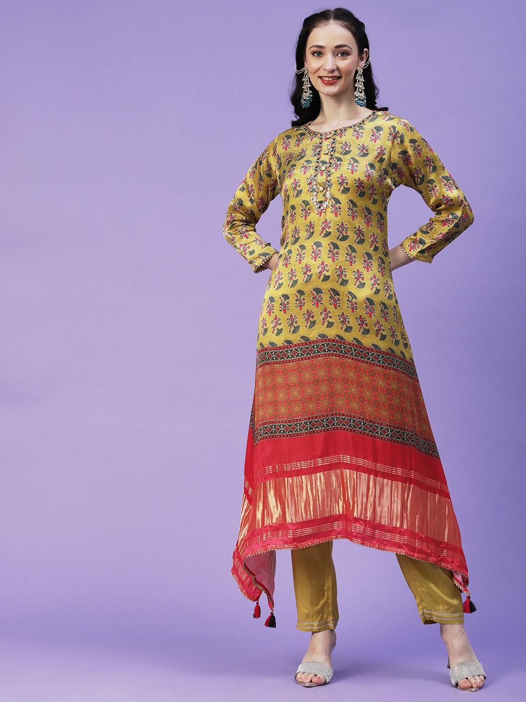 Abstract Printed Mirror Embroidered Angular Hemline Kurta With Pants & Crushed Dupatta - Yellow - Indiakreations