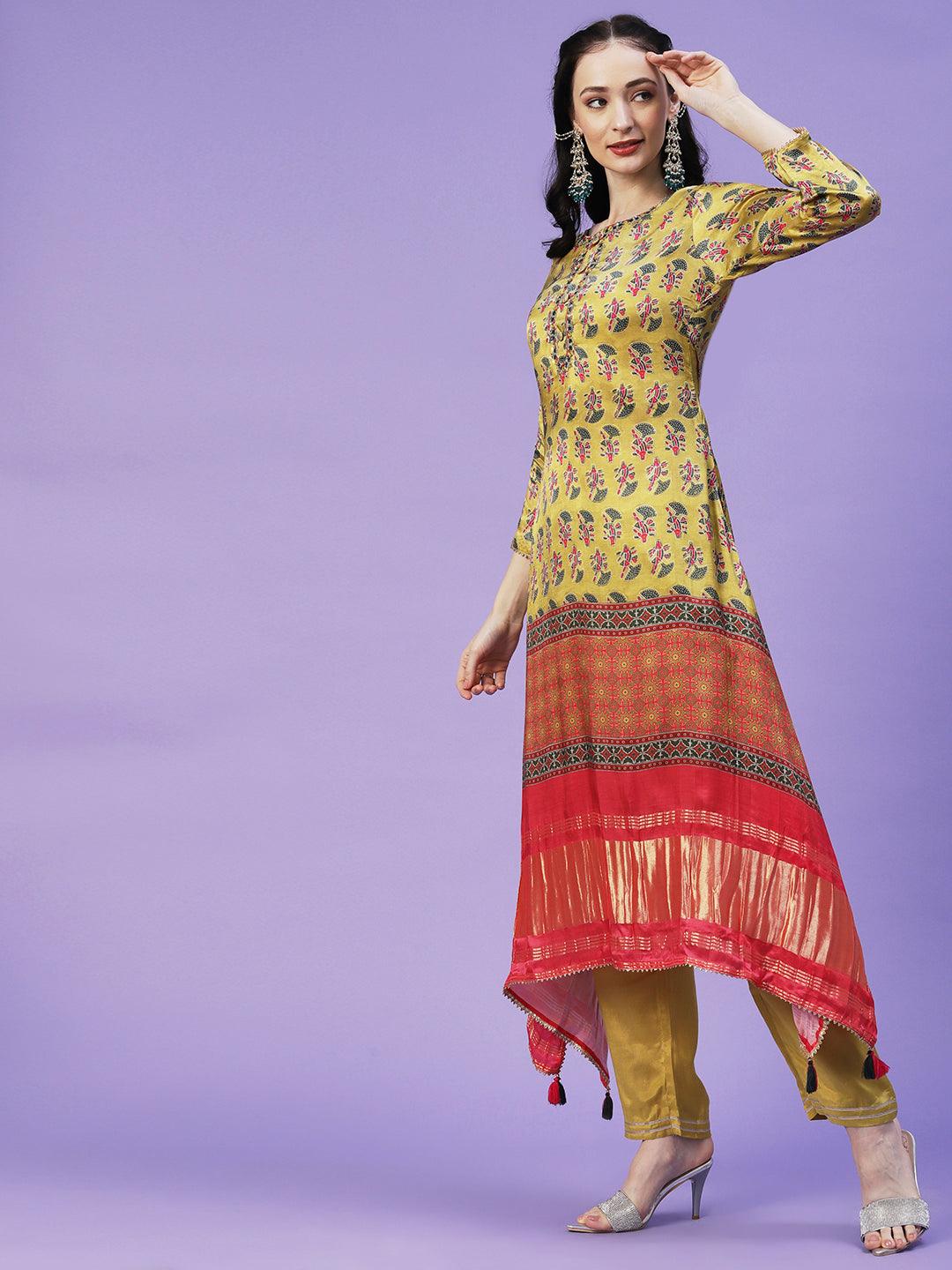 Abstract Printed Mirror Embroidered Angular Hemline Kurta With Pants & Crushed Dupatta - Yellow - Indiakreations