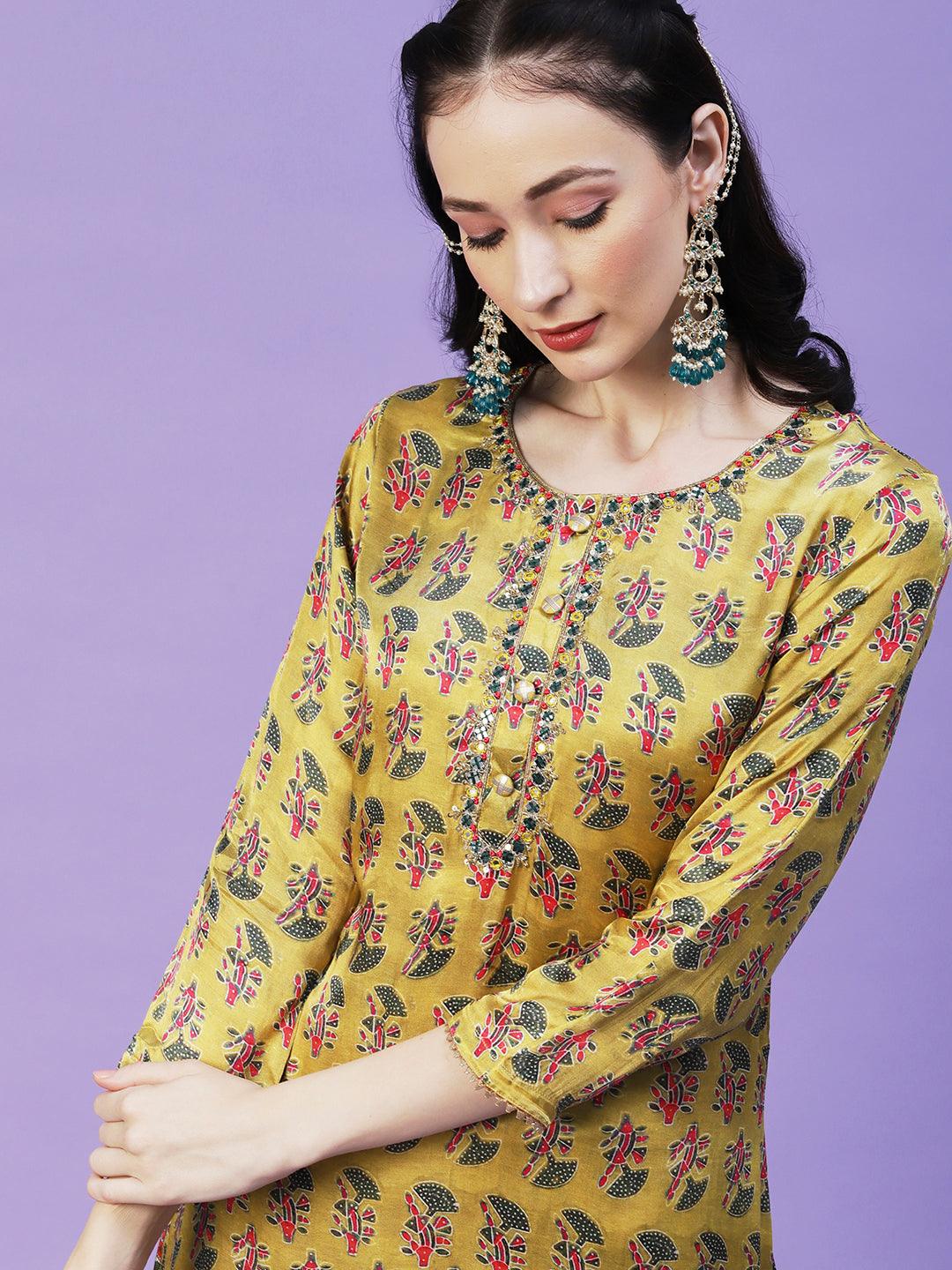 Abstract Printed Mirror Embroidered Angular Hemline Kurta With Pants & Crushed Dupatta - Yellow - Indiakreations