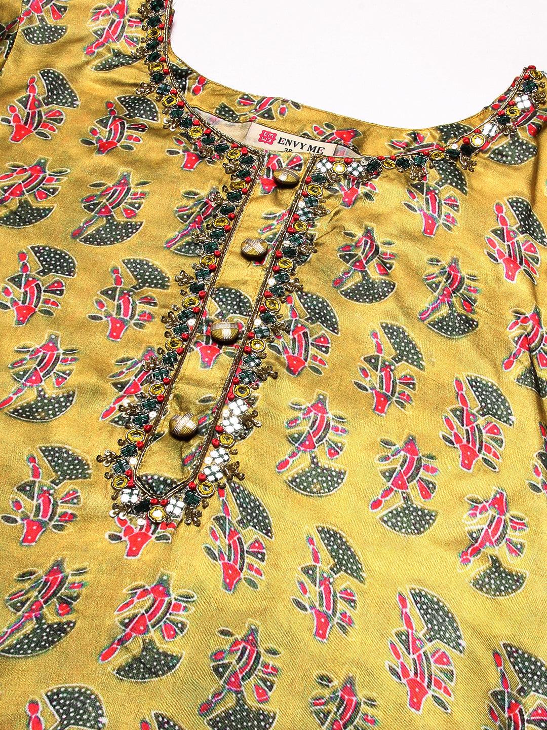 Abstract Printed Mirror Embroidered Angular Hemline Kurta With Pants & Crushed Dupatta - Yellow - Indiakreations