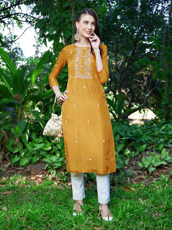 Floral Hand Embroidered Straight Fit Kurta - Yellow - Indiakreations