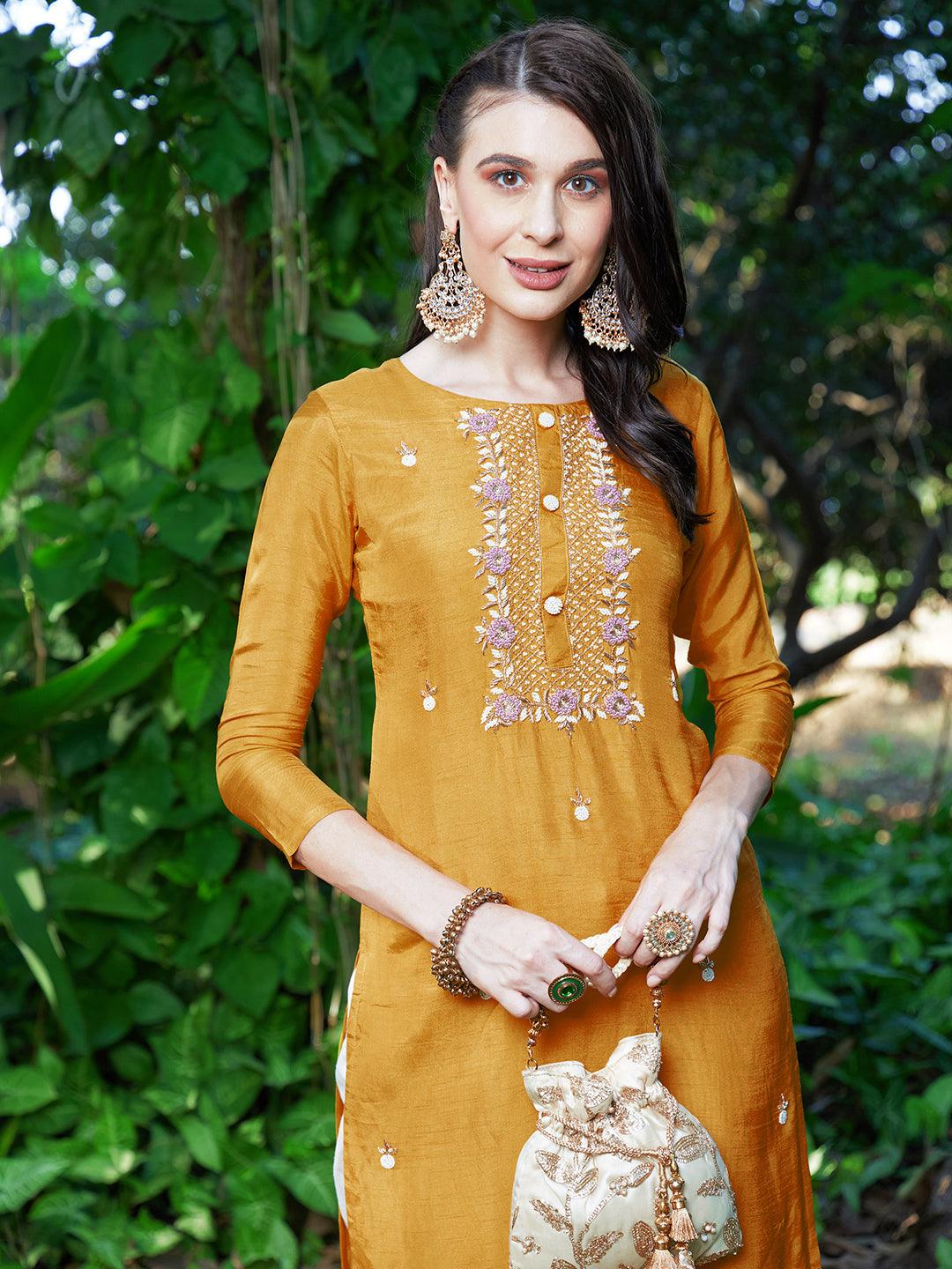 Floral Hand Embroidered Straight Fit Kurta - Yellow - Indiakreations