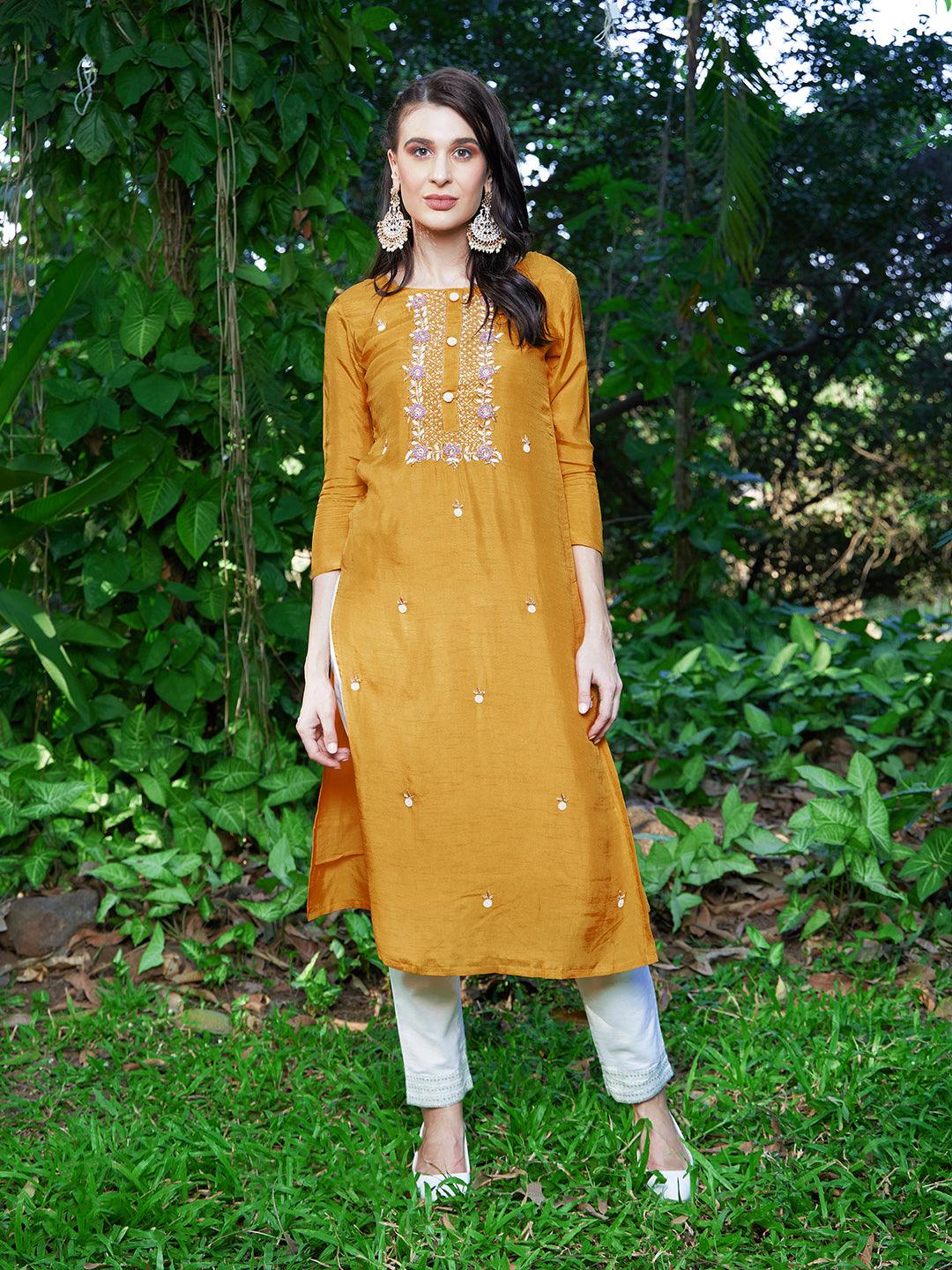 Floral Hand Embroidered Straight Fit Kurta - Yellow - Indiakreations