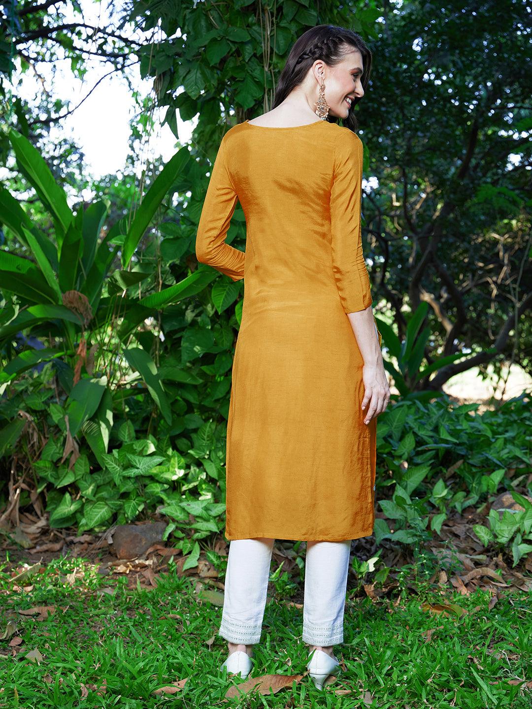 Floral Hand Embroidered Straight Fit Kurta - Yellow - Indiakreations