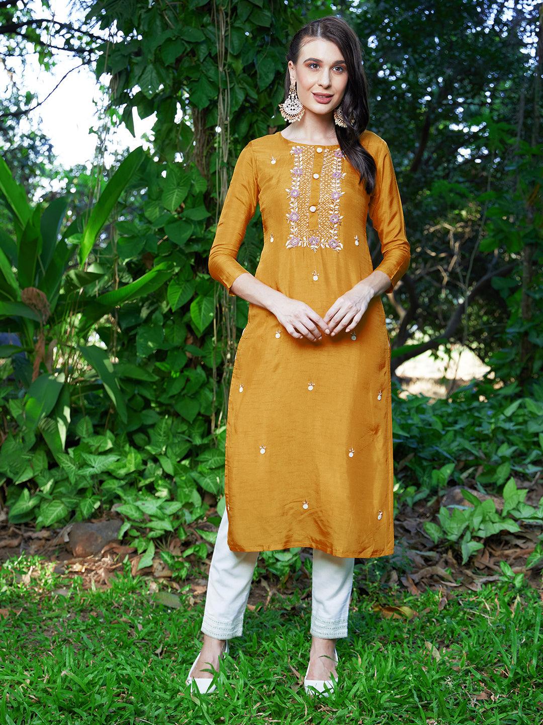 Floral Hand Embroidered Straight Fit Kurta - Yellow - Indiakreations