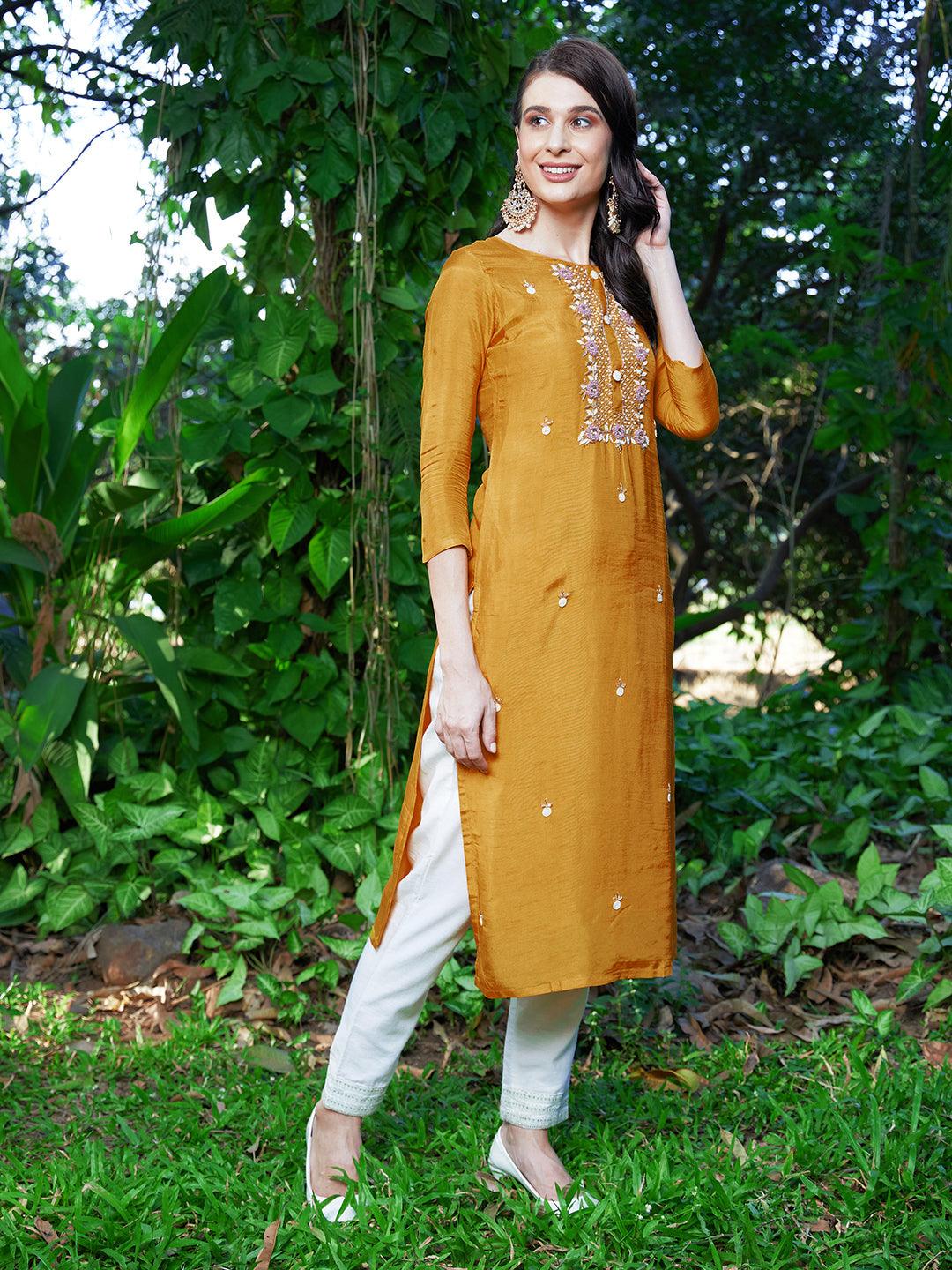 Floral Hand Embroidered Straight Fit Kurta - Yellow - Indiakreations