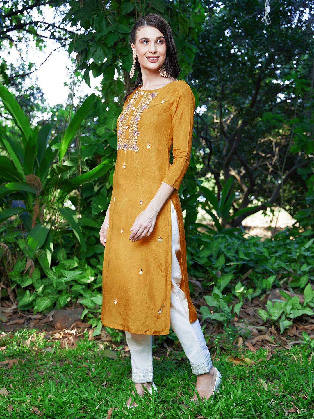 Floral Hand Embroidered Straight Fit Kurta - Yellow - Indiakreations