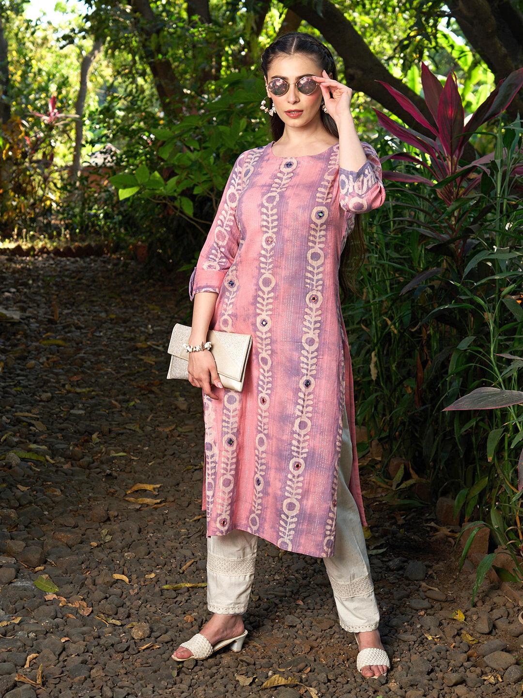 Ethnic Stripes Printed & Embroidered Straight Fit Kurta - Multi - Indiakreations