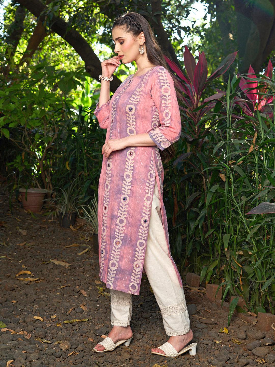 Ethnic Stripes Printed & Embroidered Straight Fit Kurta - Multi - Indiakreations