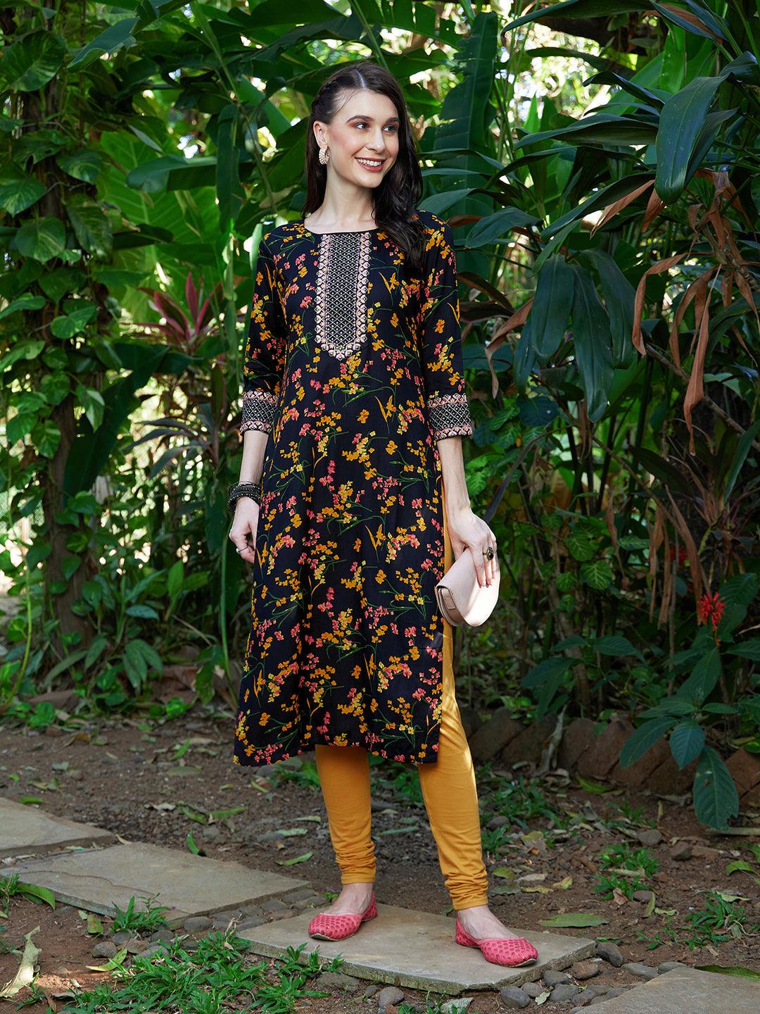 Floral Printed & Zari Embroidered Straight Fit Kurta - Black - Indiakreations