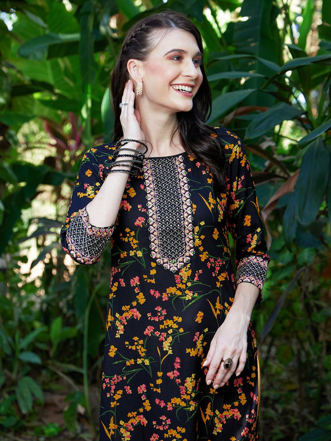 Floral Printed & Zari Embroidered Straight Fit Kurta - Black - Indiakreations