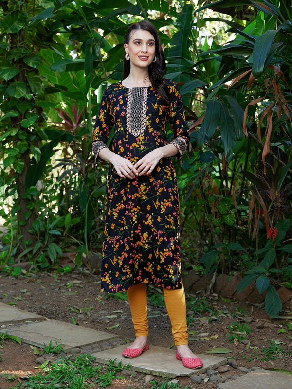 Floral Printed & Zari Embroidered Straight Fit Kurta - Black - Indiakreations