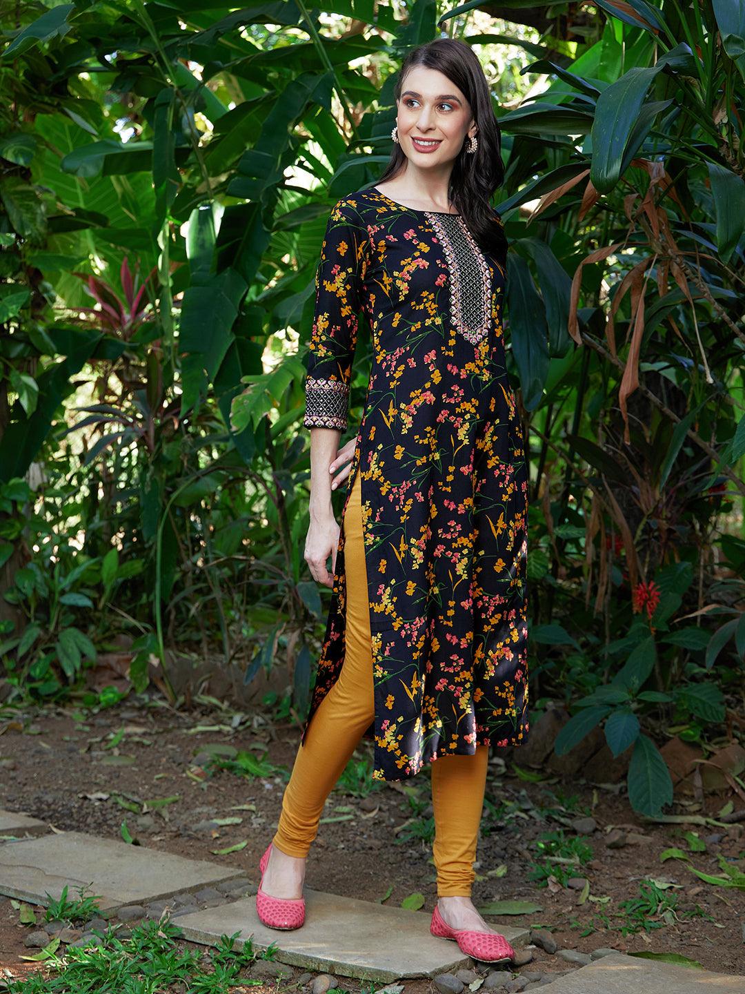 Floral Printed & Zari Embroidered Straight Fit Kurta - Black - Indiakreations