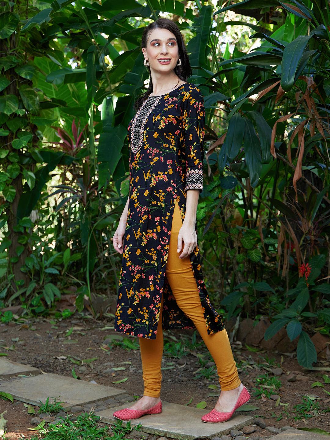 Floral Printed & Zari Embroidered Straight Fit Kurta - Black - Indiakreations