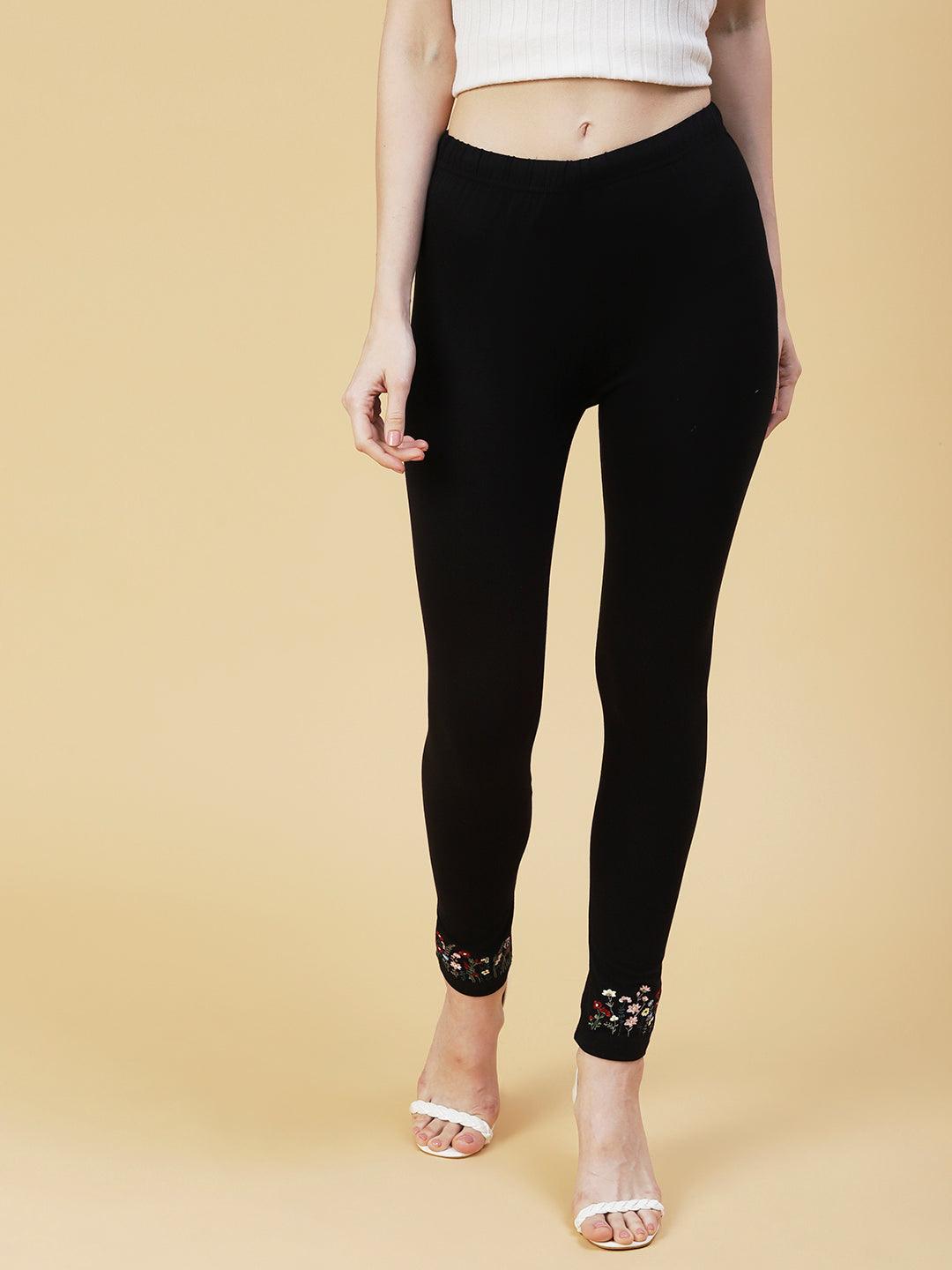 Solid Resham Embroidered Knitted Leggings - Black - Indiakreations