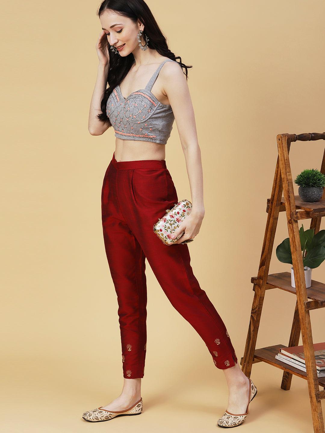 Solid Zari Floral Embroidered Pants - Maroon - Indiakreations