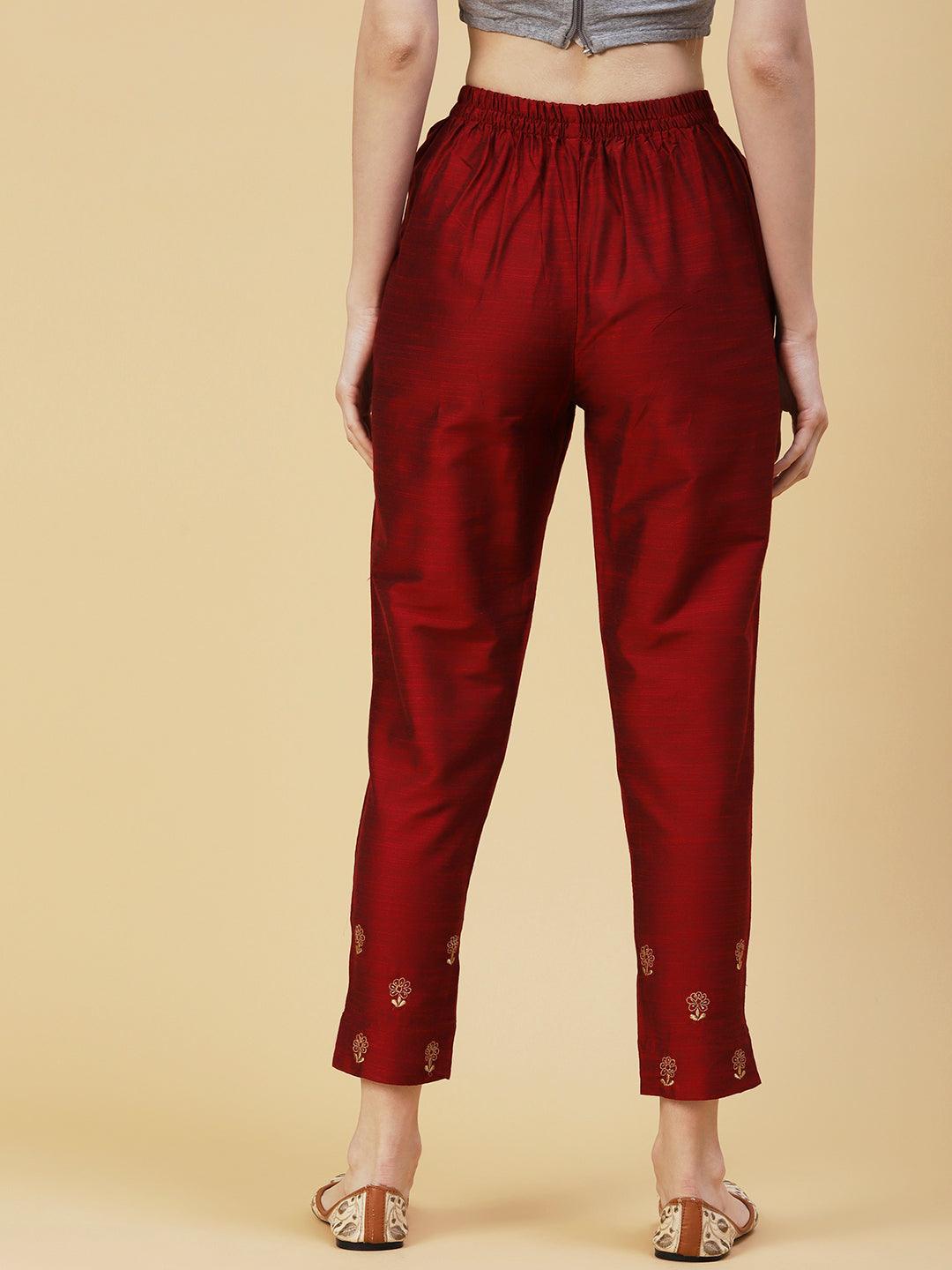 Solid Zari Floral Embroidered Pants - Maroon - Indiakreations