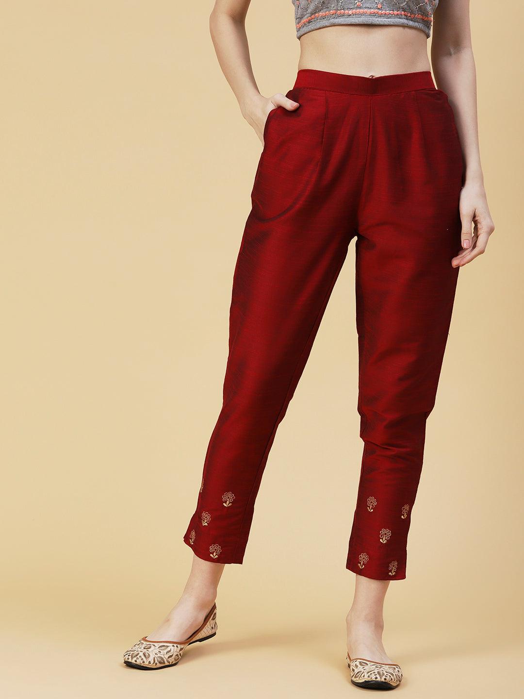 Solid Zari Floral Embroidered Pants - Maroon - Indiakreations