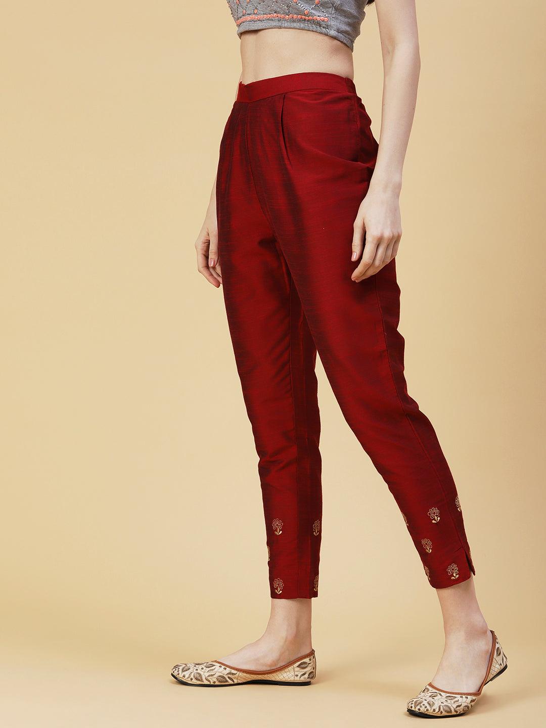 Solid Zari Floral Embroidered Pants - Maroon - Indiakreations