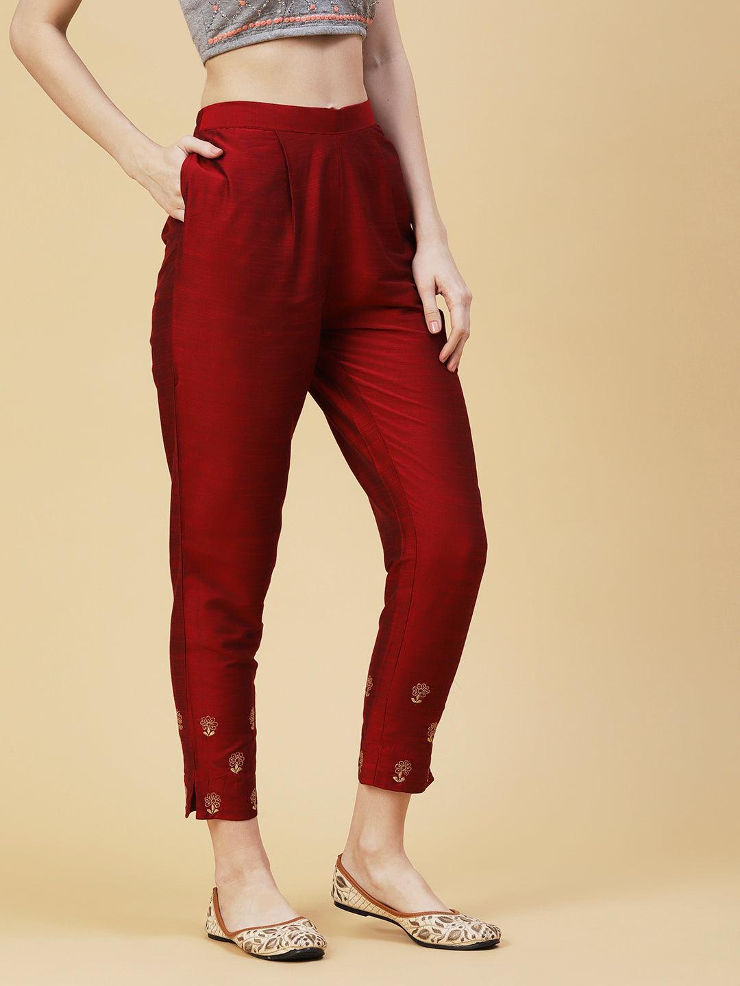 Solid Zari Floral Embroidered Pants - Maroon - Indiakreations