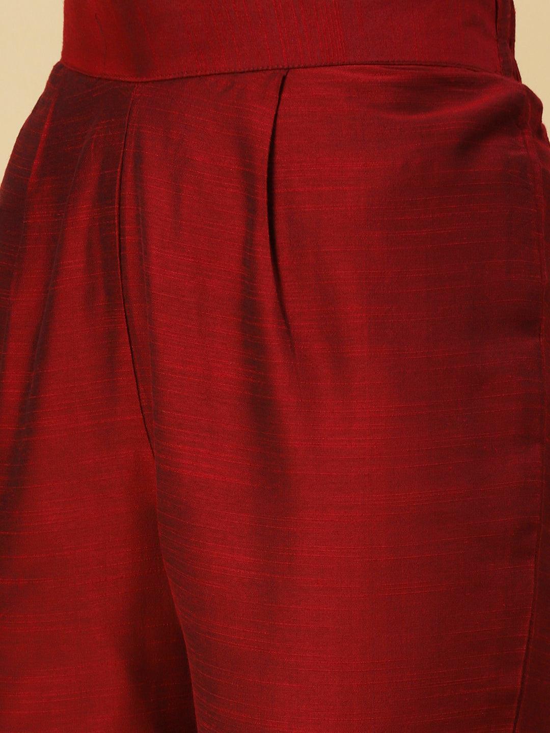 Solid Zari Floral Embroidered Pants - Maroon - Indiakreations