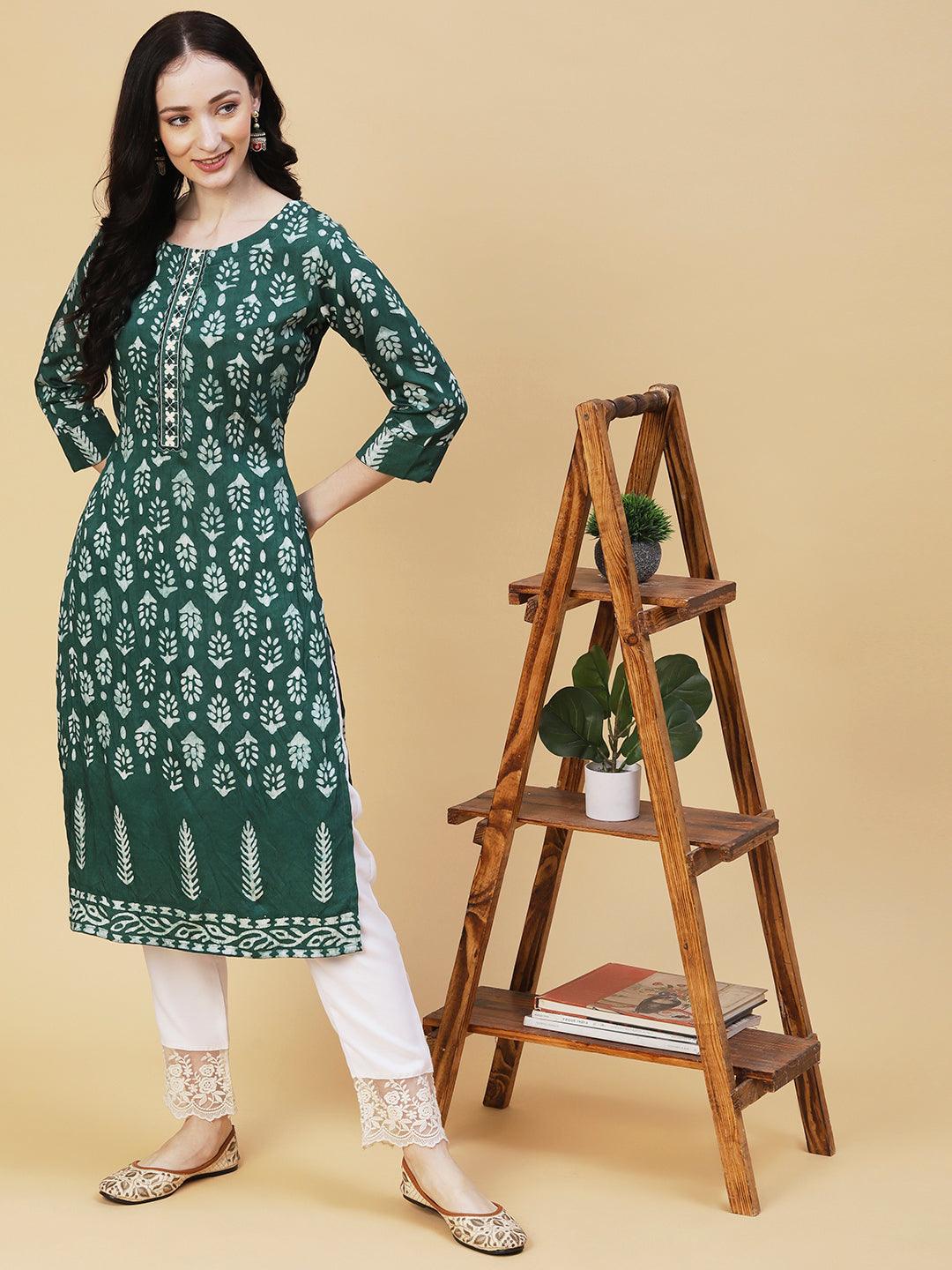 Batik Printed Resham Embroidered Kurta - Green - Indiakreations