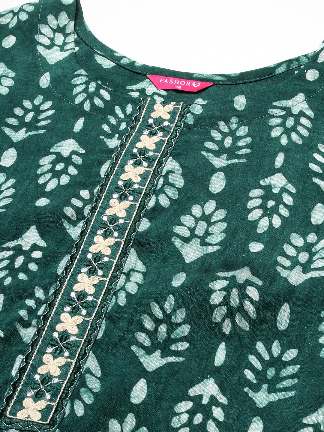 Batik Printed Resham Embroidered Kurta - Green - Indiakreations