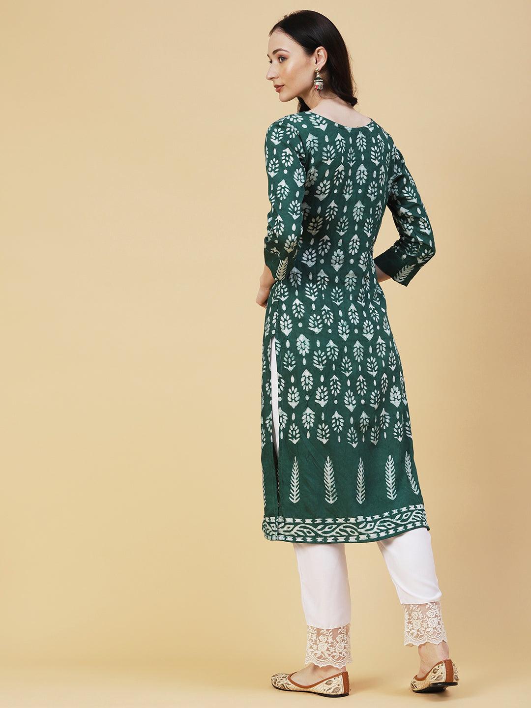 Batik Printed Resham Embroidered Kurta - Green - Indiakreations