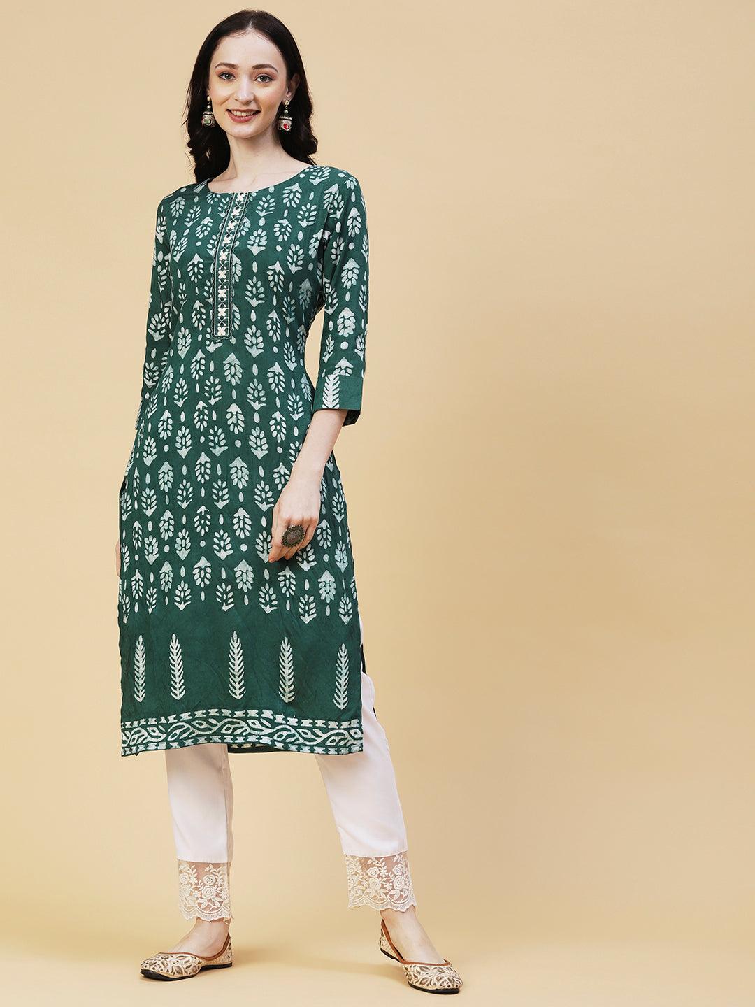 Batik Printed Resham Embroidered Kurta - Green - Indiakreations