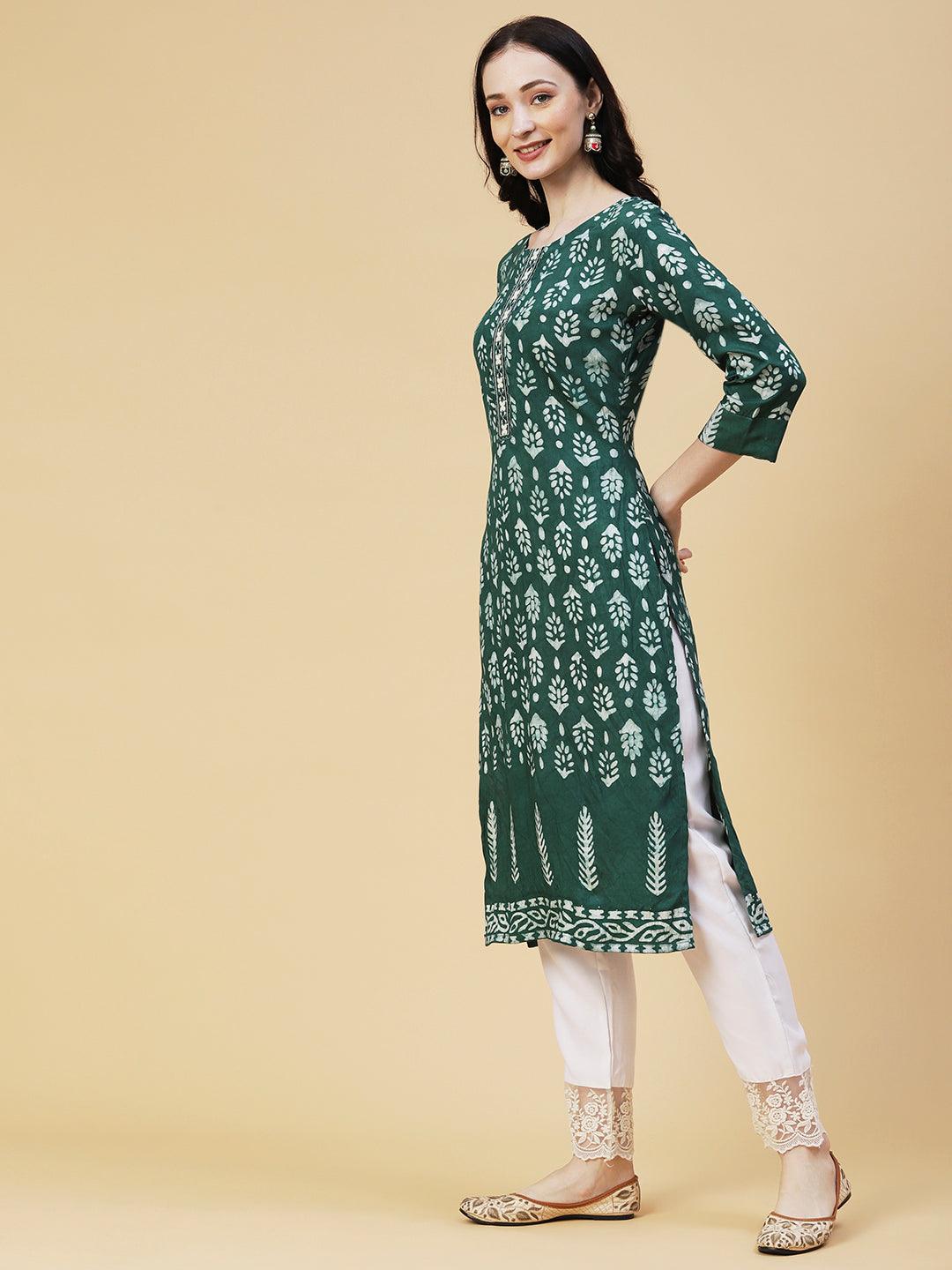 Batik Printed Resham Embroidered Kurta - Green - Indiakreations