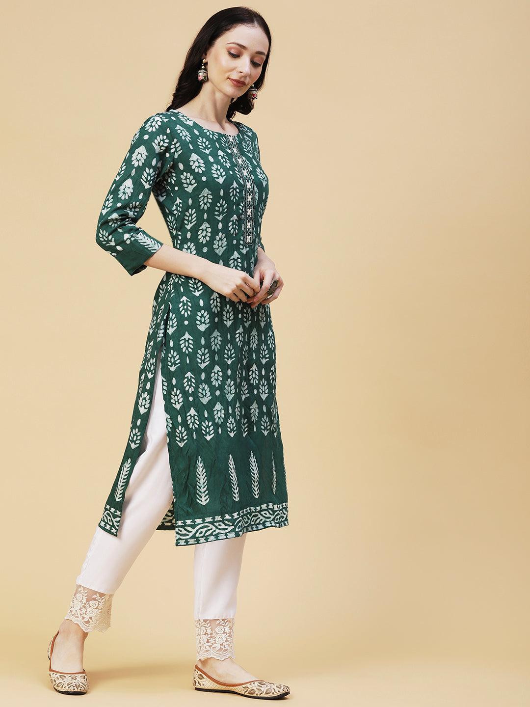 Batik Printed Resham Embroidered Kurta - Green - Indiakreations