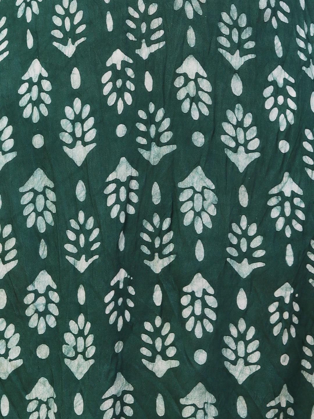 Batik Printed Resham Embroidered Kurta - Green - Indiakreations