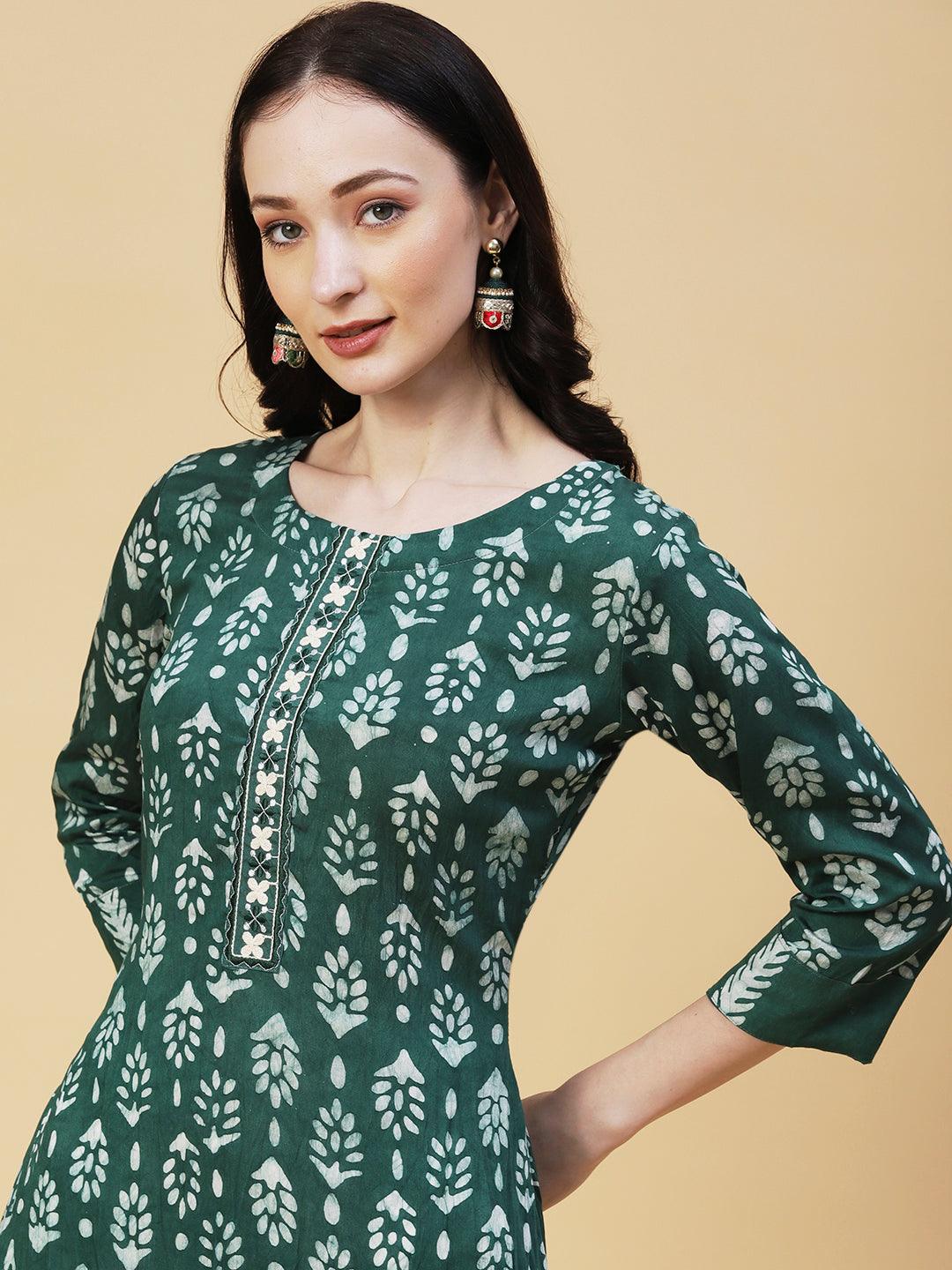 Batik Printed Resham Embroidered Kurta - Green - Indiakreations