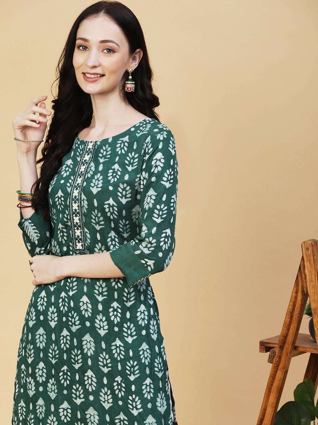 Batik Printed Resham Embroidered Kurta - Green - Indiakreations