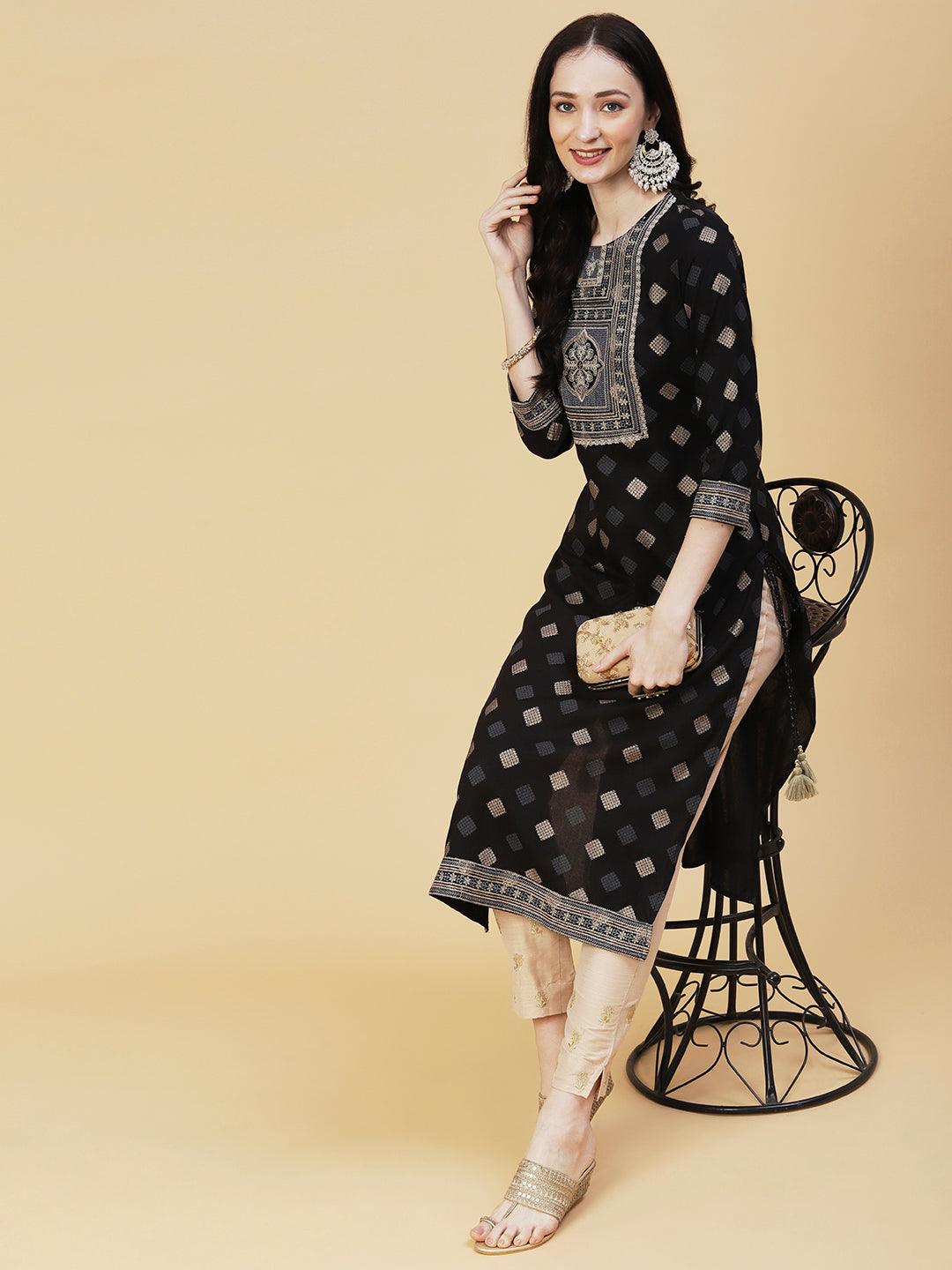 Barfi Printed Resham & Sequins Embroidered Tasseled Kurta - Black - Indiakreations