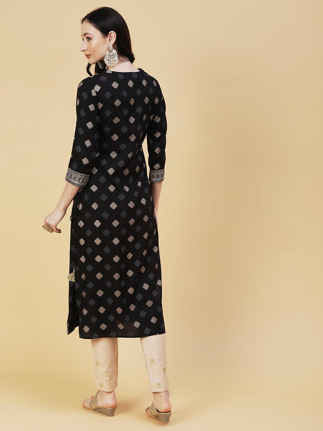 Barfi Printed Resham & Sequins Embroidered Tasseled Kurta - Black - Indiakreations